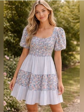 NWT Umgee Blue Floral Tiered Puff-Sleeve Mini Dress M